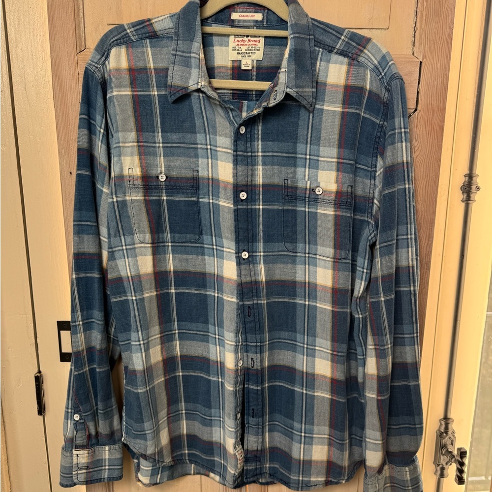 Lucky Brand Men's Blue and White Plaid flannel Shirt